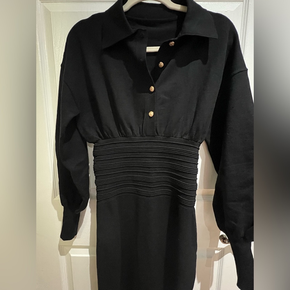 Commense Black Long Sleeve Dress with Gold Buttons - Picture 3 of 7